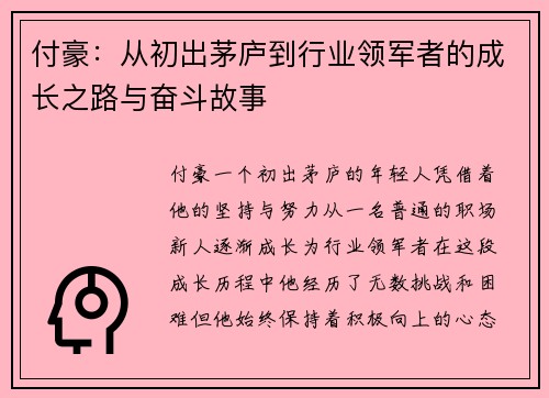 付豪：从初出茅庐到行业领军者的成长之路与奋斗故事